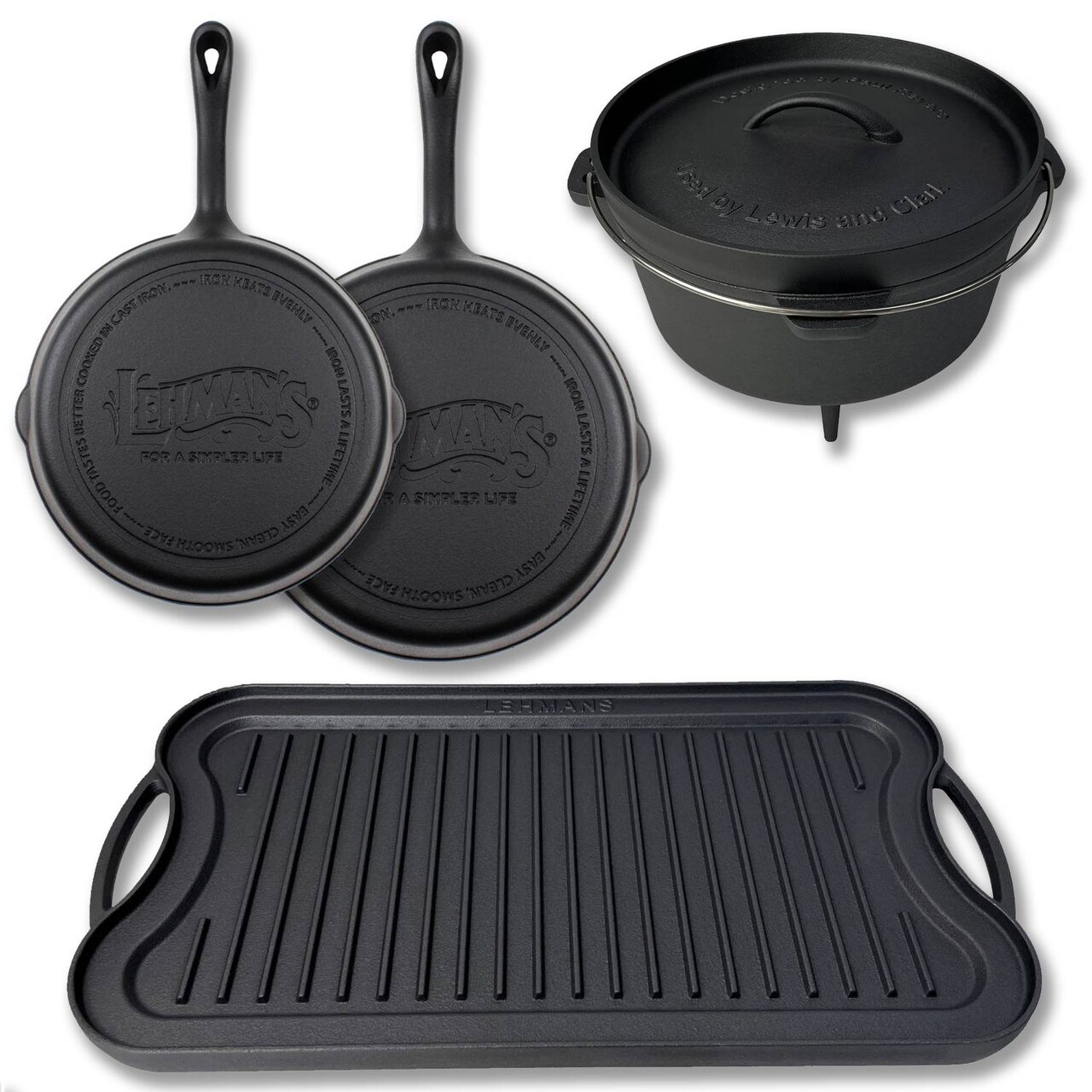 Lehman's Campfire Cooking 4-Piece Set, Nitrided, Dutch Oven, Skillets, and Griddle